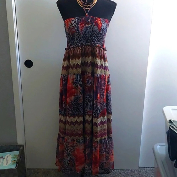 Strapless Halter Midi/Maxi Dress L Bohemian Festival Western Indie Shabby Chic - Picture 1 of 7